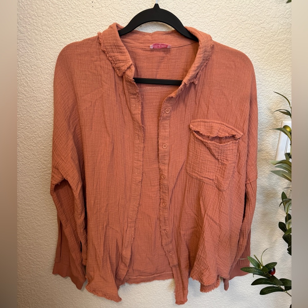 💙 Pink Lily Let Me Adore You Button Down Cotton Gauze Top Terracotta Large